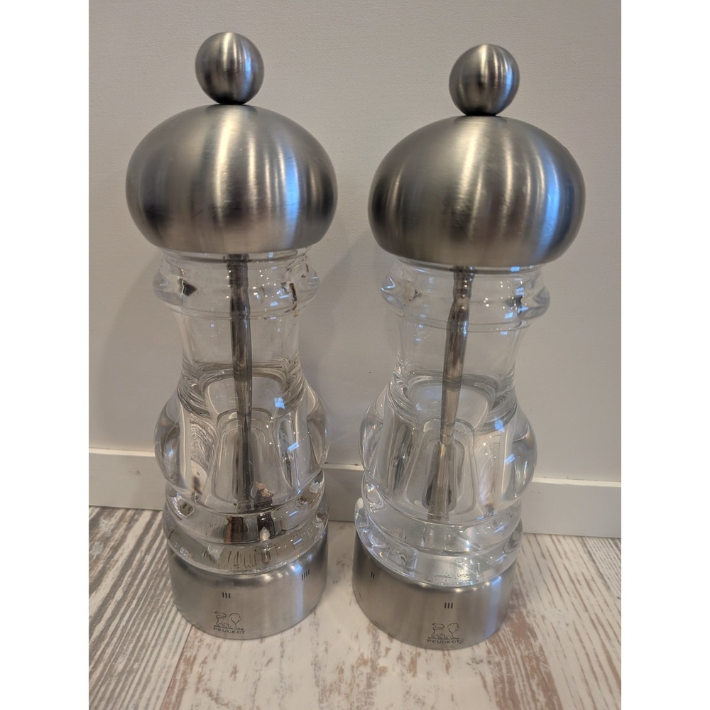 Peugeot France Salt & Pepper Mills Set Clear Acrylic Stainless Steel 6.5"